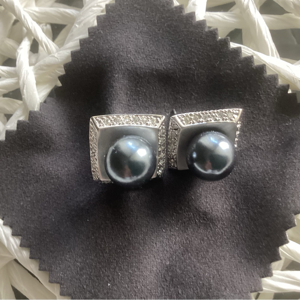 Sterling Silver Black Pearl Drop Earrings with Pave Accents - Picture 5 of 6
